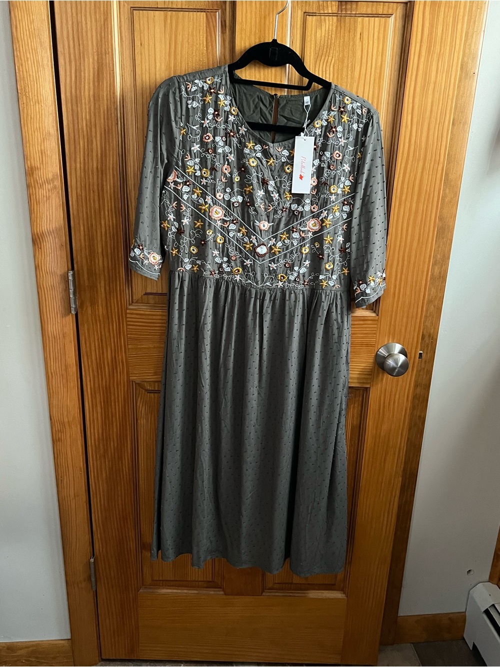 Petallush Olive Green Embroidered Midi Dress with Multicolor Florals